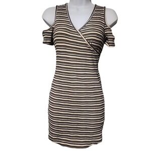 EUC No Comment Womens Mini Dress Striped Black White Beige Sz Med Y2K